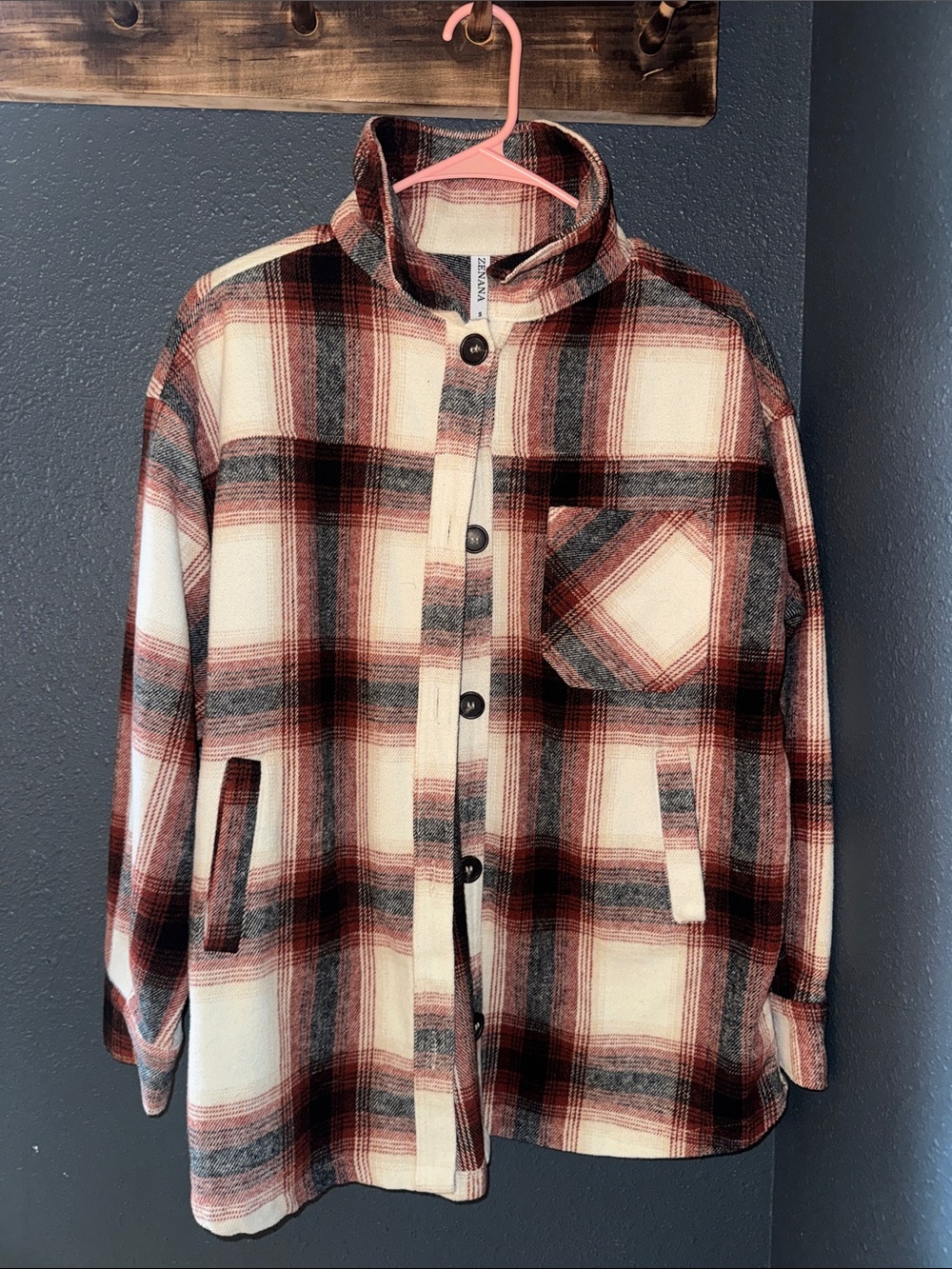 Zenana Outfitters Cream, Burgundy & Gray Plaid Shirt Jacket